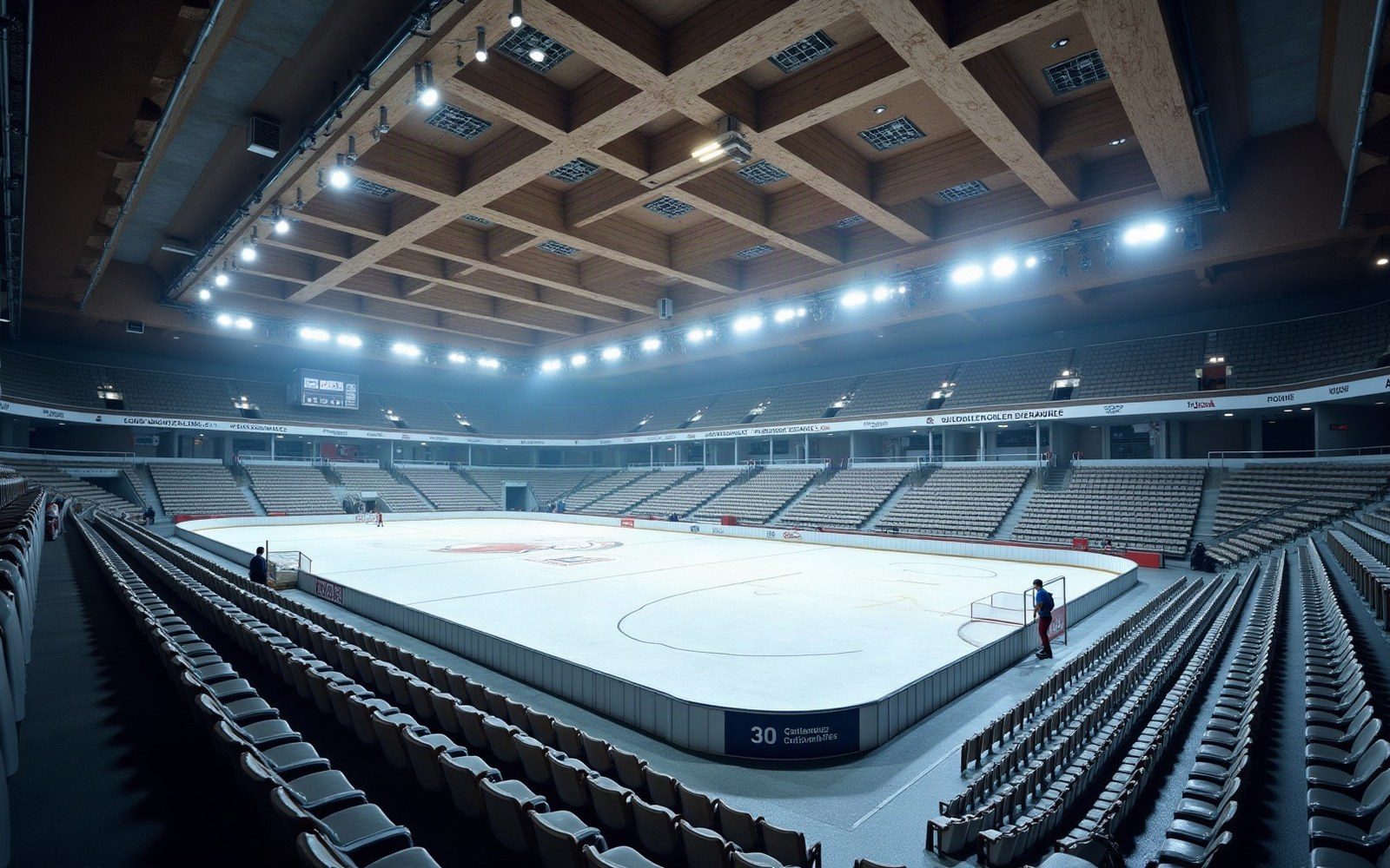 An olympic ice rink interior emptied after an event, seating tiers and rink markings, work lights