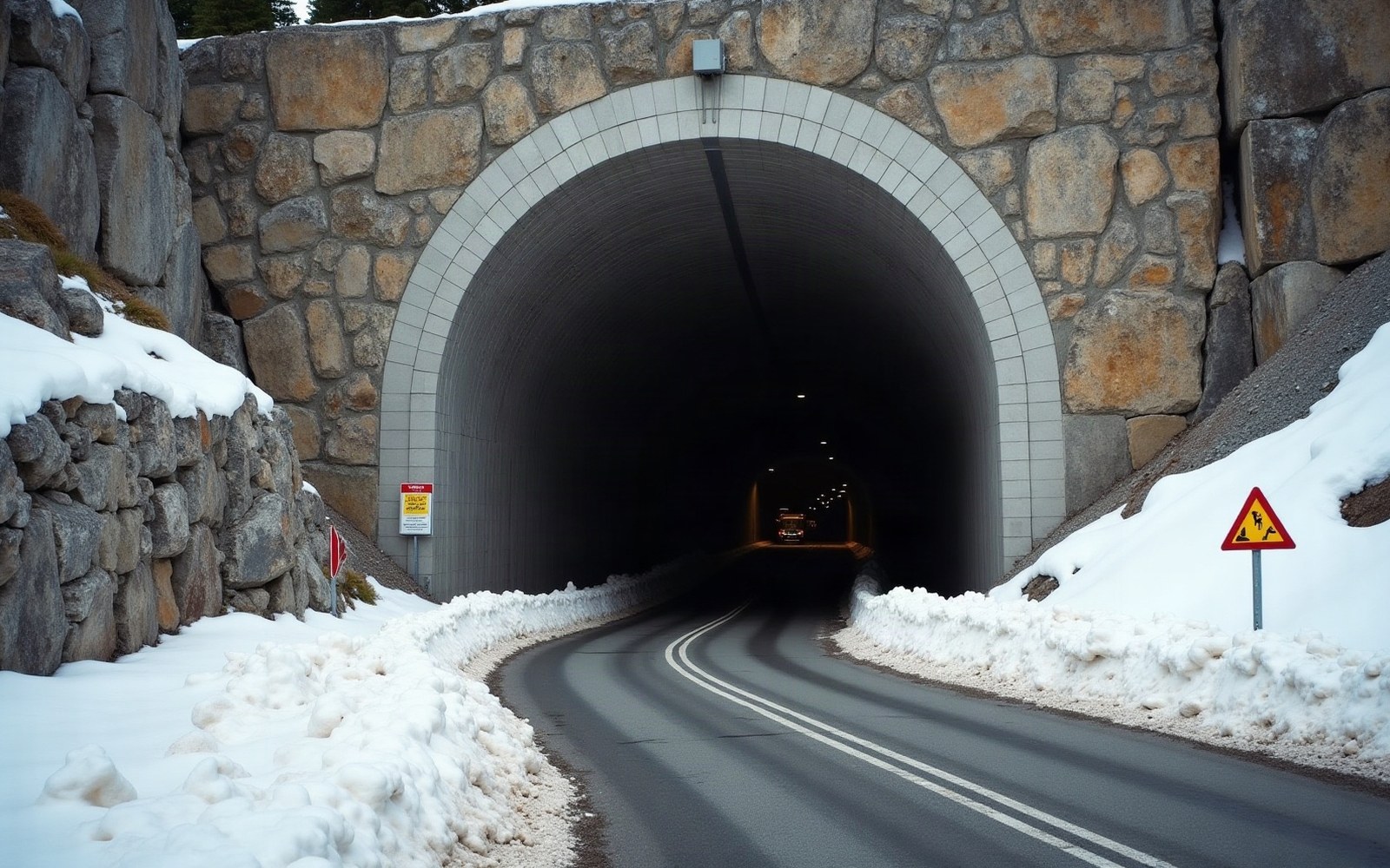 A road tunnel portal cut into an alpine rock face, snow banked at the entrance, warning signs